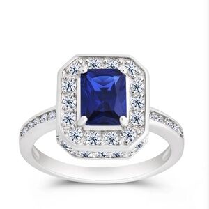 New Sterling Silver Emerald Cut Sapphire CZ Cocktail Ring Size 6